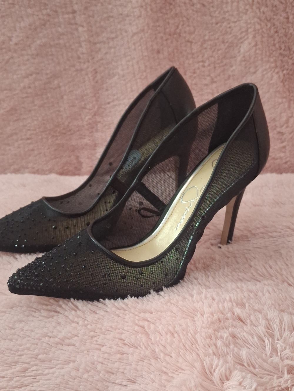 Jessica Simpson Black Mesh Rhinestone 3¾ inch Stiletto Heels   Like New   Size 6